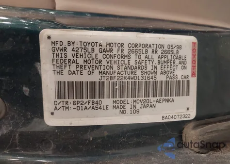 1998 Toyota Camry Le V6 from USA, damaged, VIN JT2BF22K4W0131645